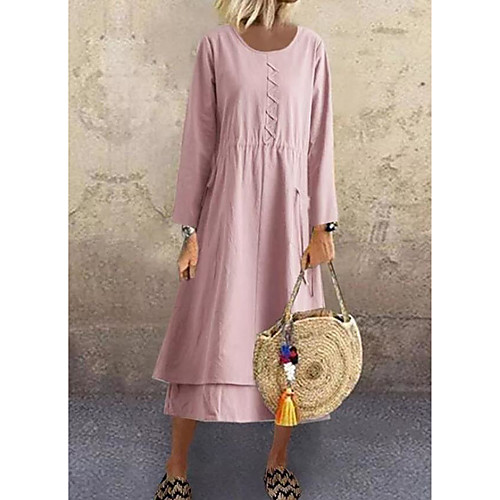 

Women's Sheath Dress Midi Dress Blue Blushing Pink Red Long Sleeve Solid Color Patchwork Fall Winter Round Neck Casual Vintage Slim 2021 M L XL XXL / Cotton / Cotton