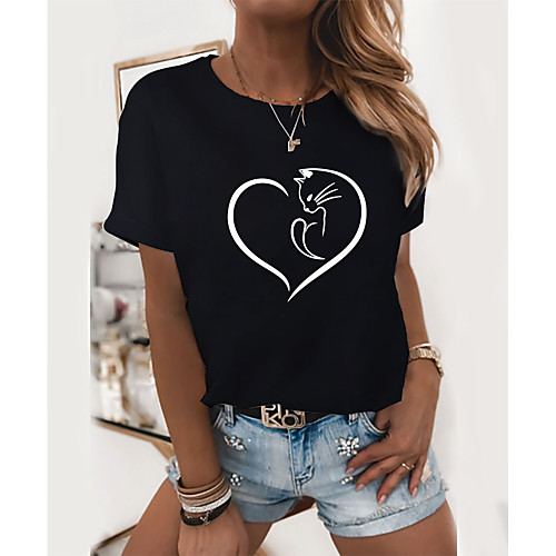 

Women's T shirt Cat Heart Graphic Prints Print Round Neck Basic Tops White Black