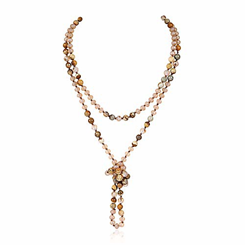 

bead strand versatile 60 long wrap necklace - handmade knotted multi layer sparkly crystal, semi precious natural stone, lava, glass faux pearl (natural stone & crystal bead mix - light brown)