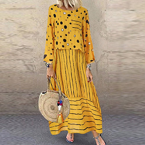 

Women's Swing Dress Maxi long Dress Yellow White Red Long Sleeve Polka Dot Striped Patchwork Fall Spring Round Neck Casual vacation dresses Loose 2021 M L XL XXL 3XL 4XL 5XL / Plus Size / Plus Size