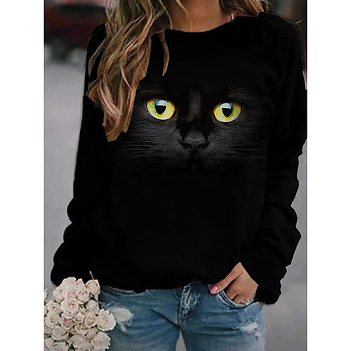 

Women's Pullover Sweatshirt Cat Graphic 3D Print Daily 3D Print Basic Casual Hoodies Sweatshirts Black