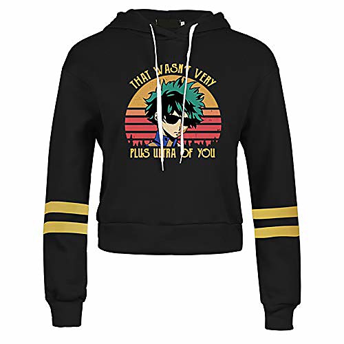 

womens my hero academia crop hoodie fashion anime print long sleeve casual sweatshirt tops short hoodie stripe sleeve print sweater(s casual black)
