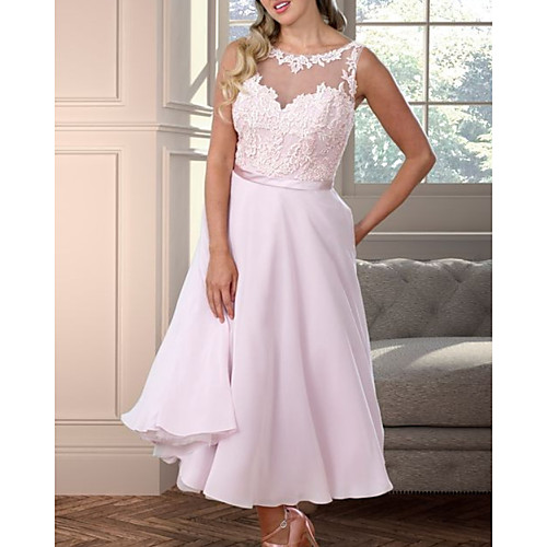 

A-Line Illusion Neck Floor Length Chiffon Bridesmaid Dress with Appliques