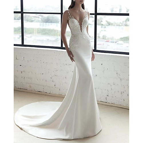 

Mermaid / Trumpet Wedding Dresses V Neck Sweep / Brush Train Lace Stretch Satin Sleeveless Country Romantic with Appliques 2021