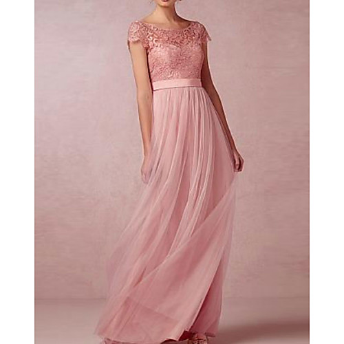 

A-Line Jewel Neck Floor Length Lace / Tulle Bridesmaid Dress with Appliques / Ruching