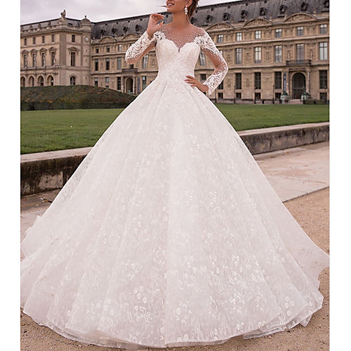 

A-Line Wedding Dresses Jewel Neck Floor Length Lace Tulle Long Sleeve Country Luxurious with Appliques 2021