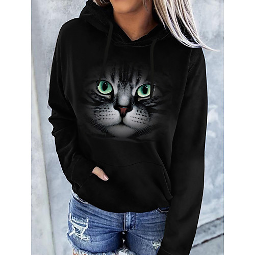 

Women's Pullover Hoodie Sweatshirt Cat Graphic 3D Front Pocket Print Daily Basic Casual Hoodies Sweatshirts Black