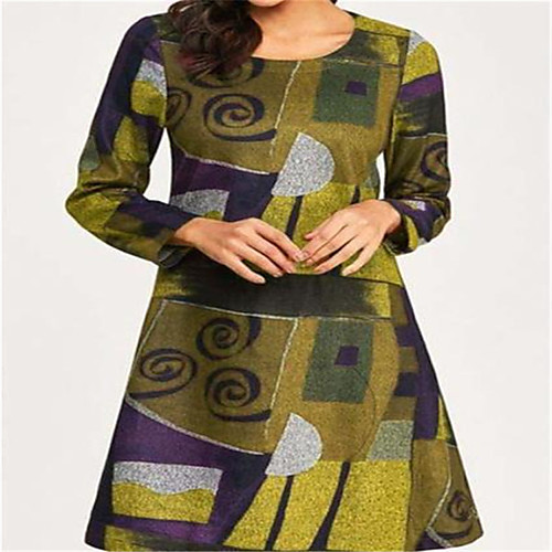 

Women's A Line Dress Knee Length Dress Yellow Gray Red Long Sleeve Print Patchwork Print Winter Round Neck Casual Slim 2021 S M L XL XXL 3XL