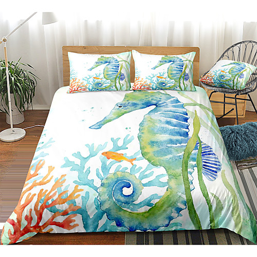 

Ocean Series Hippocampus Print 3-Piece Duvet Cover Set Hotel Bedding Sets Comforter Cover with Soft Lightweight Microfiber(Include 1 Duvet Cover and 1or 2 Pillowcases)