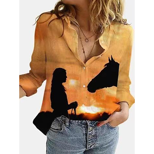 

Women's Blouse Shirt Scenery Horse Long Sleeve Print Shirt Collar Basic Tops Yellow