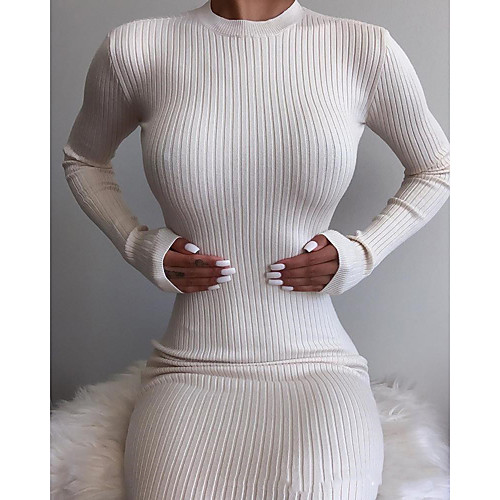 

Women's Sweater Jumper Dress Short Mini Dress White Long Sleeve Solid Color Backless Patchwork Fall Winter Round Neck Casual Sexy Slim 2021 S M L XL