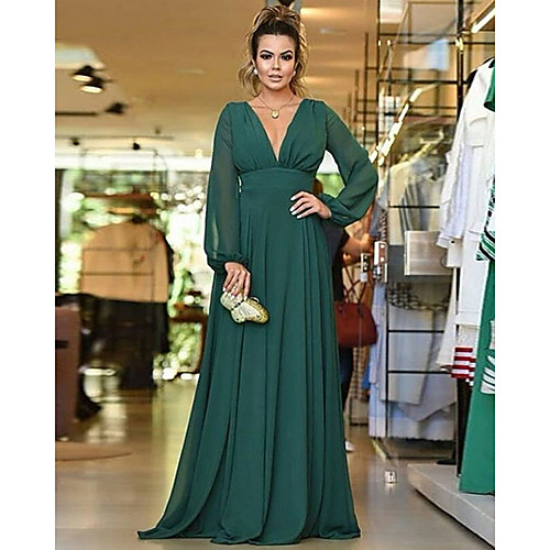 

A-Line Plunging Neck Floor Length Chiffon Bridesmaid Dress with Pleats