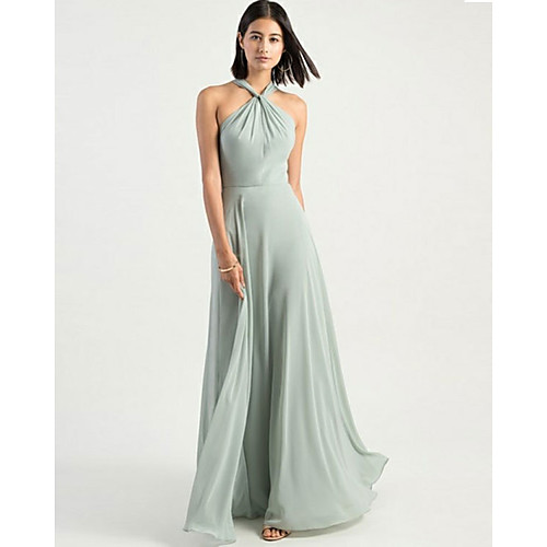 

A-Line Halter Neck Floor Length Chiffon Bridesmaid Dress with Criss Cross