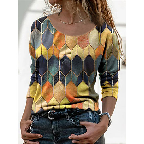 

Women's Blouse T shirt Plaid Color Block Long Sleeve Print Round Neck Tops Vintage Streetwear Basic Top Blue Red Yellow