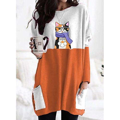 

Women's T shirt Dress Tunic Cartoon Cat Graphic Prints Long Sleeve Pocket Patchwork Round Neck Tops Basic Basic Top Black Orange Gray