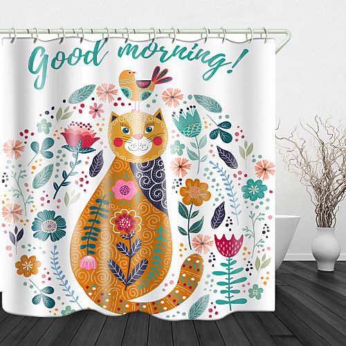 

Flower Cat Print Waterproof Fabric Shower Curtain For Bathroom Home Decor Covered Bathtub Curtains Liner Includes With Hooks 72 Inch