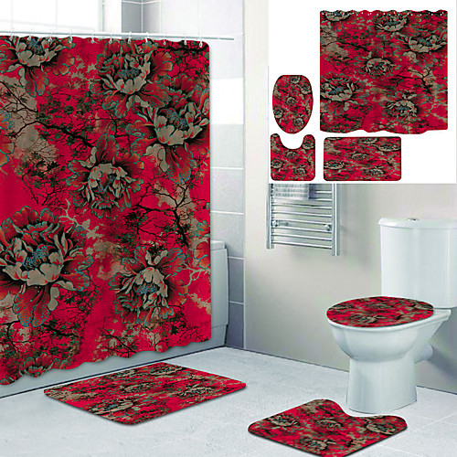

Beautiful Flowers Printed Bathtub Curtain Liner Covered With Waterproof Fabric Shower Curtain For Bathroom Home Decoration With Hook Floor Mat And Four-piece Toilet Mat