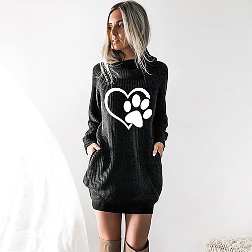 

Women's T shirt Dress Heart Graphic Prints Long Sleeve Cowl Neck Tops Black Wine Camel