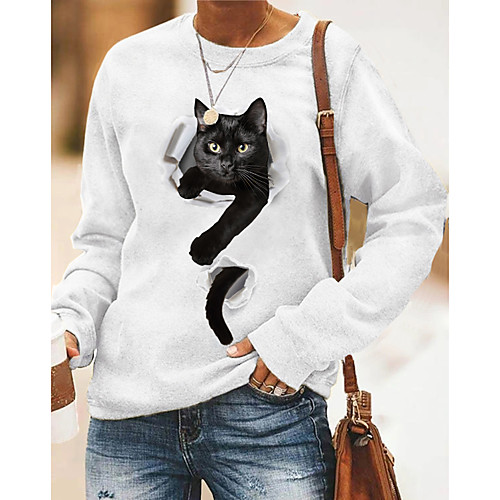 

Women's Hoodie Sweatshirt Cat Graphic 3D Print Daily 3D Print Basic Casual Hoodies Sweatshirts Gray White