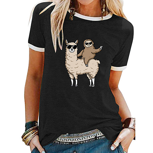 

Women's T shirt Animal Patchwork Print Round Neck Tops Basic Basic Top White Black Blue