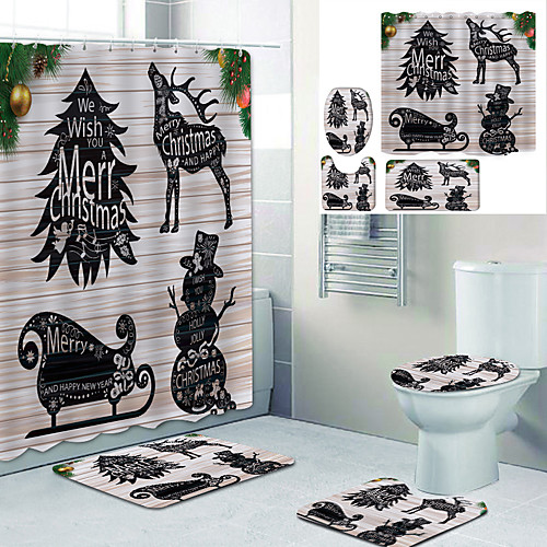 

Wooden Board Christmas Fawn Printed Bathtub Curtain Liner Covered With Waterproof Fabric Shower Curtain For Bathroom Home Decoration With Hook Floor Mat And Four-piece Toilet Mat