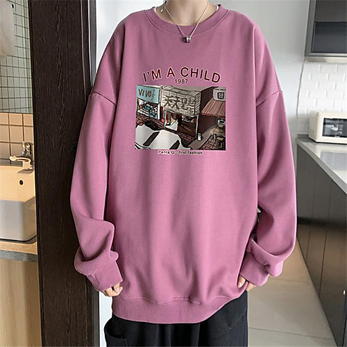 

Men's Pullover Sweatshirt Cartoon Round Neck Work Casual Hoodies Sweatshirts Long Sleeve Slim Purple Blushing Pink Orange