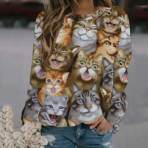 

Women's Blouse Cat Color Block Animal Long Sleeve Print Round Neck Tops Gray