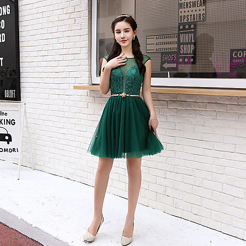 

A-Line Beautiful Back Elegant Homecoming Party Wear Dress Illusion Neck Sleeveless Short / Mini Tulle with Lace Insert 2021