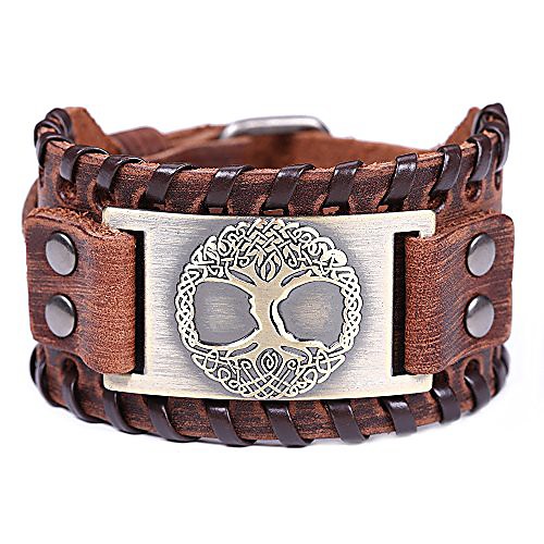 

viking bracelet tree of life nordic brown wide leather wristband talisman for men