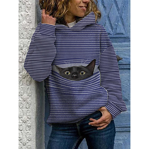 

Women's Plus Size Tops Pullover Hoodie Sweatshirt Cat Stripes Graphic Long Sleeve Daily Fall Winter Blue Big Size L XL 2XL 3XL 4XL