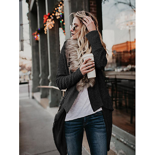 

Women's Stylish Fur Trim Knitted Asymmetric Hem Solid Color Cardigan Long Sleeve Sweater Cardigans Shirt Collar Fall Winter Black Khaki