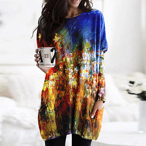 

Women's Shift Dress Short Mini Dress Orange Long Sleeve Print Print Fall Spring Round Neck Casual Loose 2021 M L XL XXL 3XL