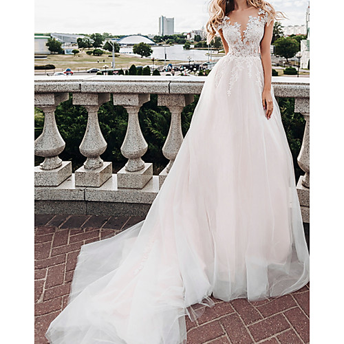 

A-Line Wedding Dresses Jewel Neck Court Train Lace Tulle Sleeveless Beach with Pleats 2021
