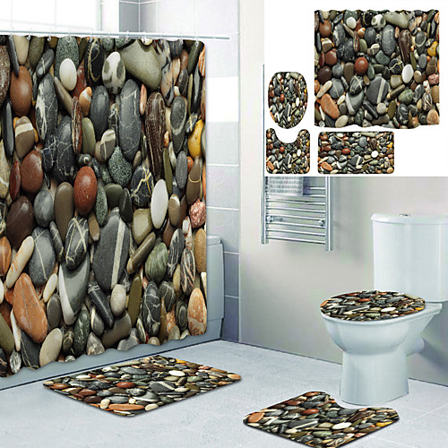 

Beautiful Little Stones Printed Bathtub Curtain Liner Covered With Waterproof Fabric Shower Curtain For Bathroom Home Decoration With Hook Floor Mat And Four-piece Toilet Mat