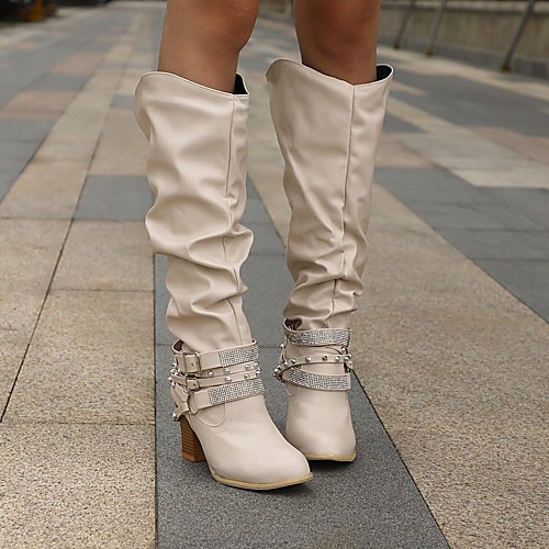 

Women's Boots Chunky Heel Round Toe Knee High Boots Casual Daily Walking Shoes PU Rhinestone Rivet Buckle Solid Colored Winter Gray White Black