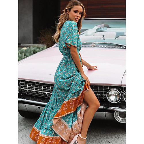 

Women's Swing Dress Maxi long Dress Blue Red Light Green Short Sleeve Print Tassel Fringe Patchwork Print Summer V Neck Casual Loose 2021 S M L XL XXL 3XL 4XL / Plus Size / Plus Size