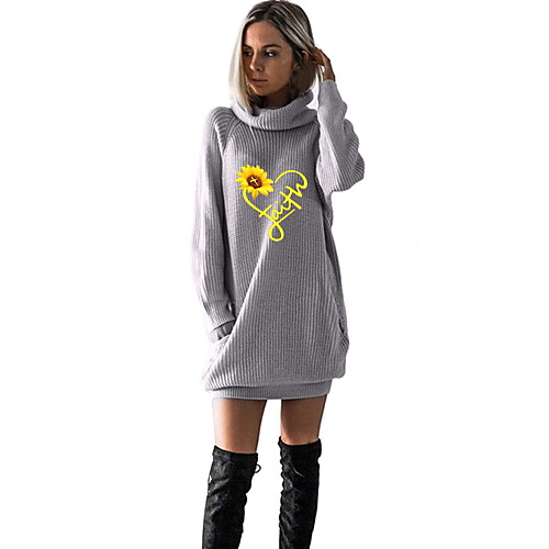 

Women's T shirt Dress Heart Graphic Prints Long Sleeve Cowl Neck Tops Black Wine Camel