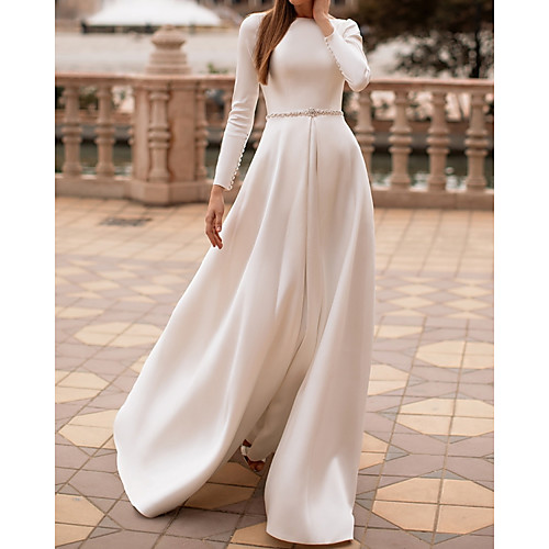 

A-Line Wedding Dresses Jewel Neck Floor Length Satin Long Sleeve Country Simple with Sashes / Ribbons Buttons 2021