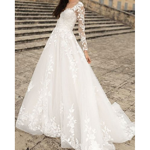 

A-Line Wedding Dresses V Neck Floor Length Lace Tulle Long Sleeve Country with Appliques 2021
