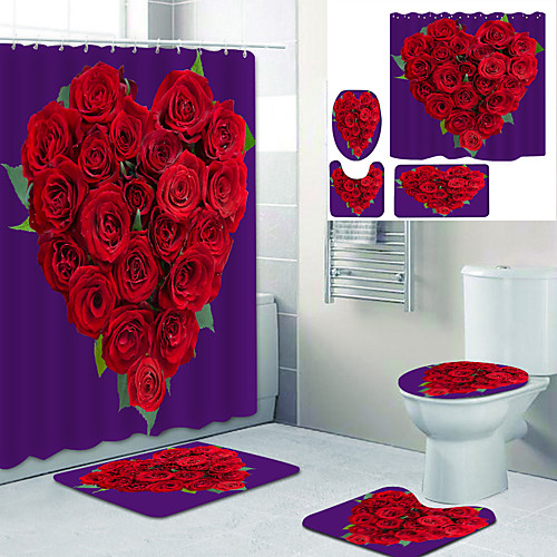 

Rose Flower Printed Bathtub Curtain Liner Covered With Waterproof Fabric Shower Curtain For Bathroom Home Decoration With Hook Floor Mat And Four-piece Toilet Mat