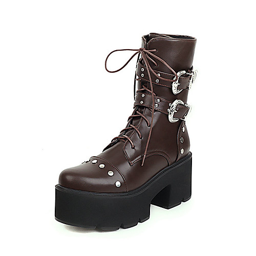 

Women's Boots Combat Boots Platform Chunky Heel Round Toe Booties Ankle Boots Punk & Gothic Daily Walking Shoes PU Rivet Buckle Lace-up Solid Colored Black Brown / Mid-Calf Boots