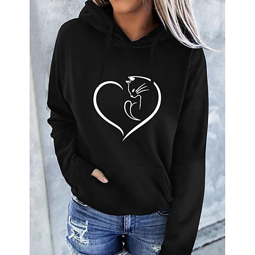 

Women's Hoodie Pullover Cat Graphic Heart Front Pocket Daily Basic Casual Hoodies Sweatshirts White Black
