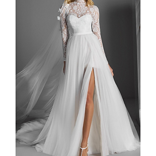 

Sheath / Column Wedding Dresses High Neck Court Train Lace Tulle Long Sleeve Country Simple with Split Front 2021