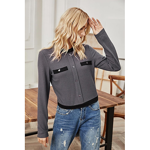 

Women's T shirt Plain Long Sleeve Patchwork Button Round Neck Tops Basic Basic Top Gray