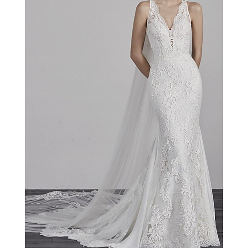

Mermaid / Trumpet Wedding Dresses V Neck Court Train Lace Tulle Sleeveless Country with 2021