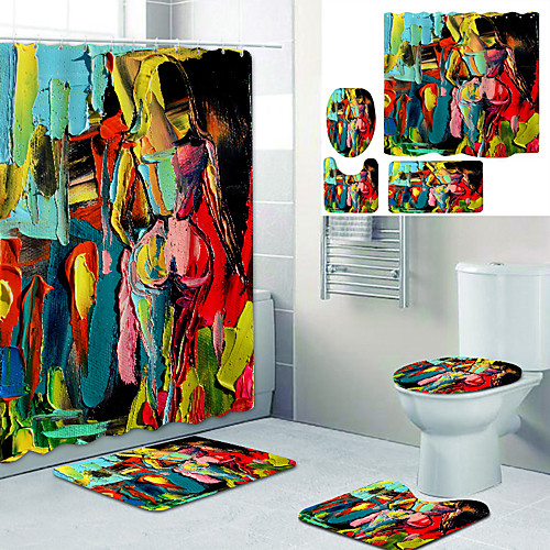 

Abstract Back View Printed bathtub curtain liner covered with waterproof fabric shower curtain for bathroom home decoration with hook floor mat and four-piece toilet mat