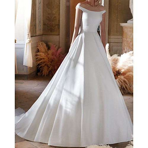 

A-Line Wedding Dresses Off Shoulder Floor Length Satin Sleeveless Country Simple with Bow(s) 2021