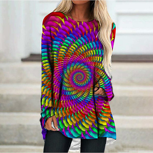 

Women's Shift Dress Short Mini Dress Rainbow Long Sleeve Geometric Print Spring Round Neck Casual Loose 2021 M L XL XXL 3XL