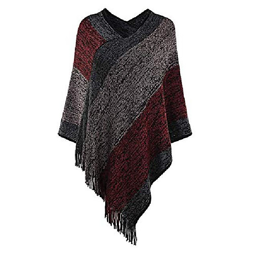 

women knit plaid warm winter fringed poncho sweater cardigan coat cape 6#wine red