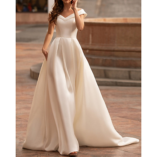 

A-Line Wedding Dresses V Neck Sweep / Brush Train Satin Sleeveless Formal Simple with Pleats 2021
